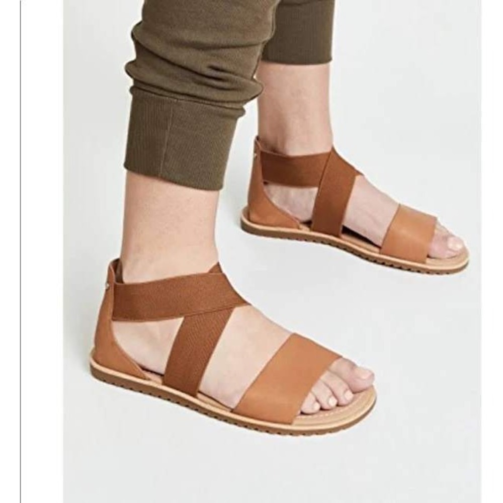 Sorel Ella II Full‑Grain Leather & Stretch Gore Sandals Camel Brown Sz 11
